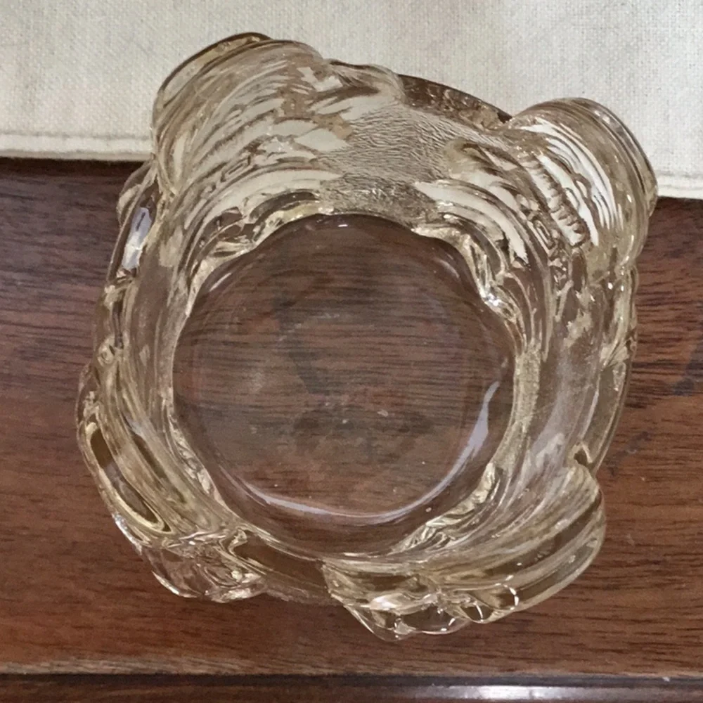 HEAVY vintage light yellow cut glass Santa votive candle holder.